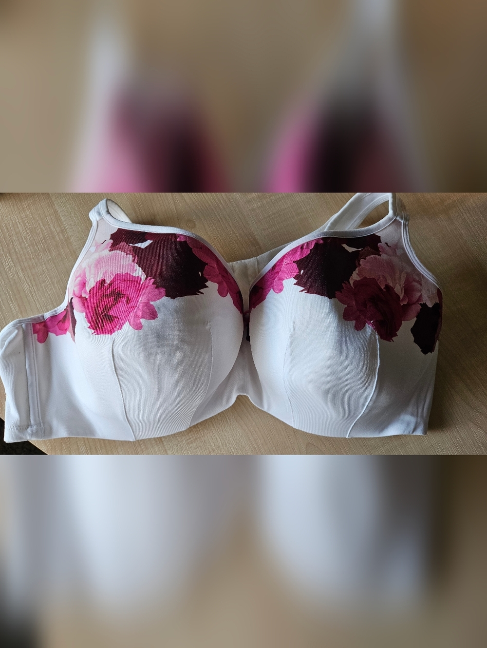 Cacique Full-Coverage T-Shirt Bra - White with Pink Floral Accents